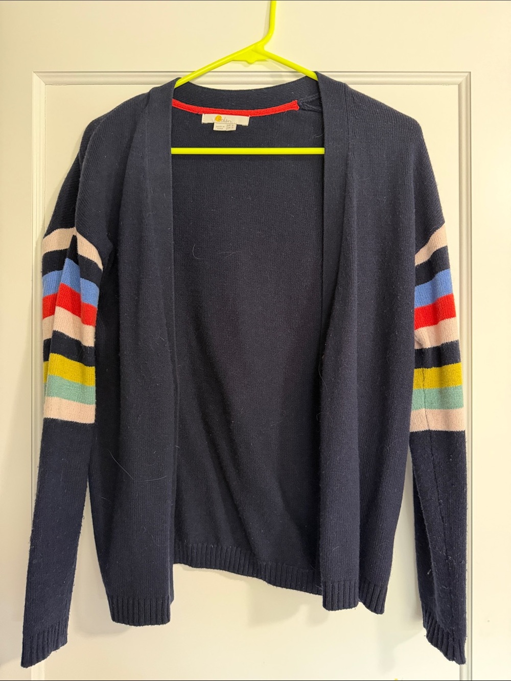 Boden Navy Open-Front Cardigan with Colorful Striped Sleeves